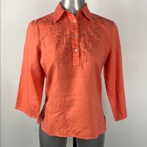 Orange 100% linen half sleeve breathable lightweight formal embroidered top sz M